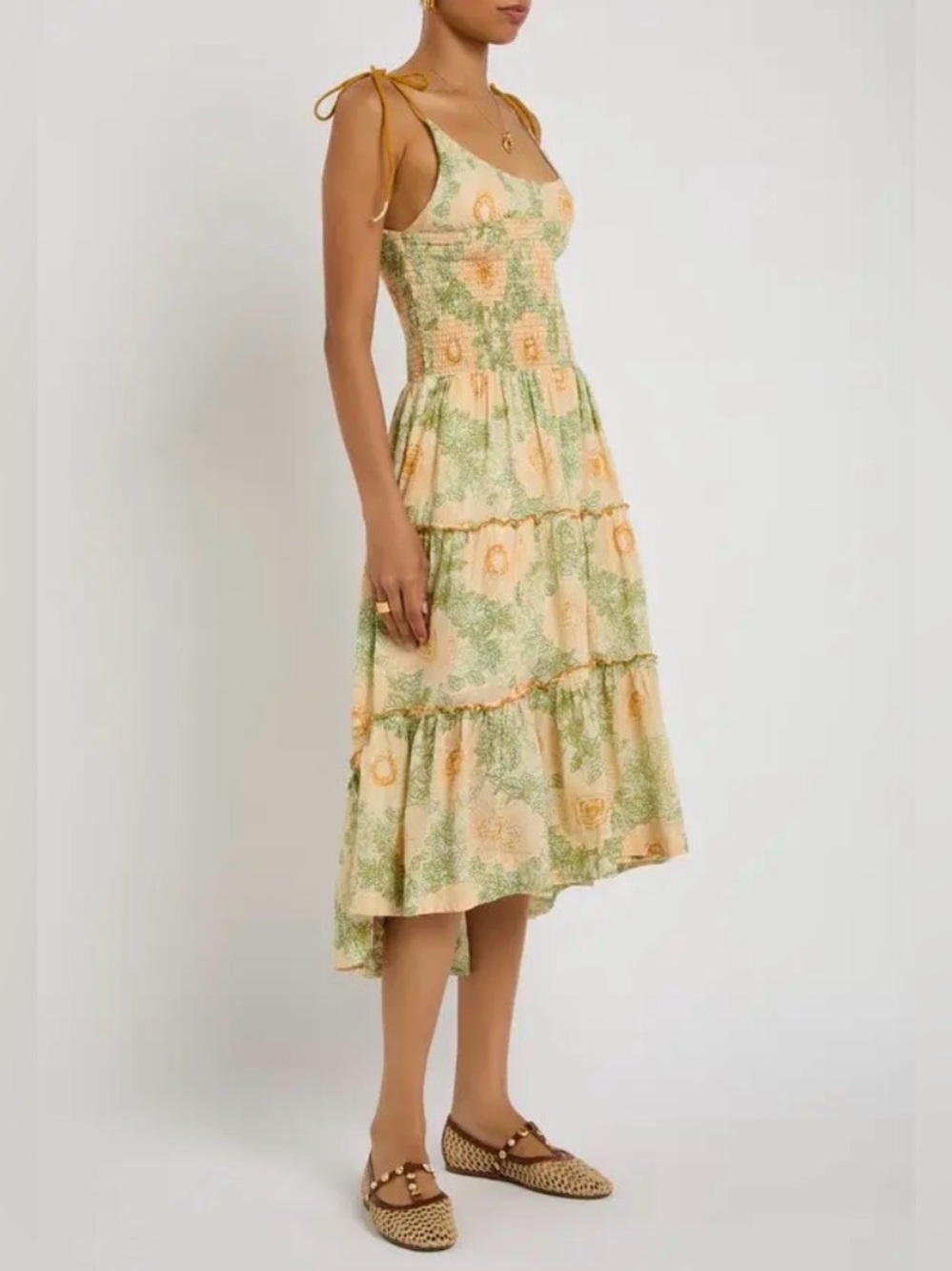 Free People Floral Tie-Shoulder Tiered Midi Dress in Yellow and Green